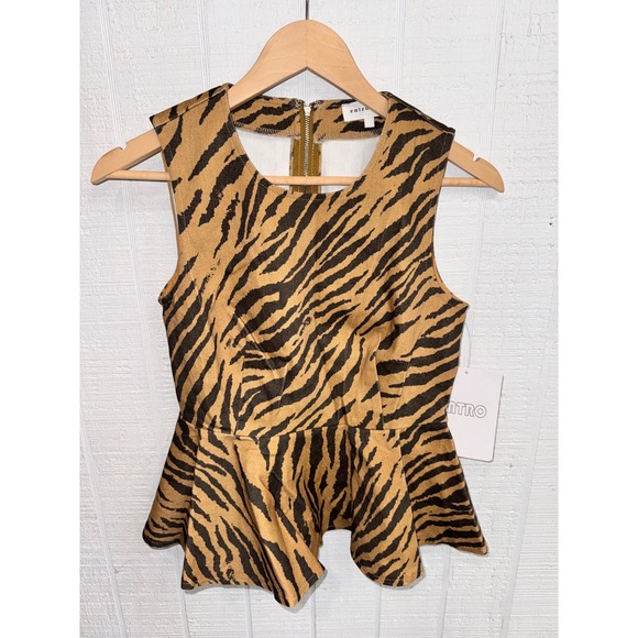 entro Tops - Entro Tiger Print Peplum Top Women Brown Black Cutout Back T31161 Small
